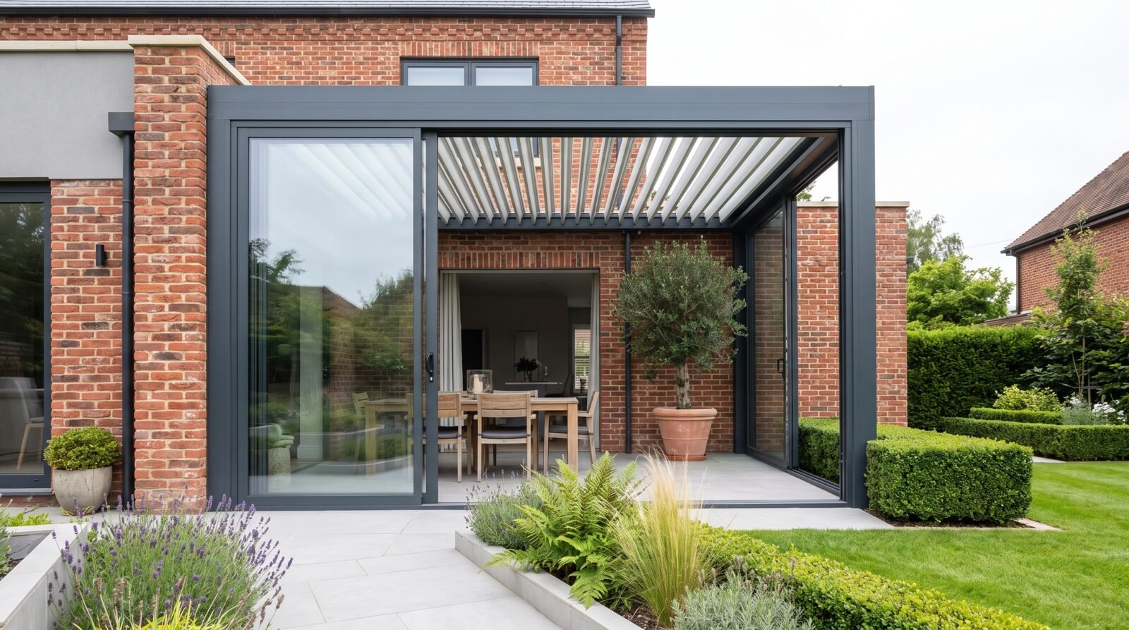 Representative visual of a glazed garden room with its motorised aluminium louvre roof half open