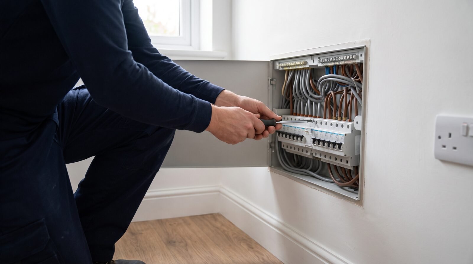 Representative visual of cables dressed neatly into a domestic consumer unit in a modern British home