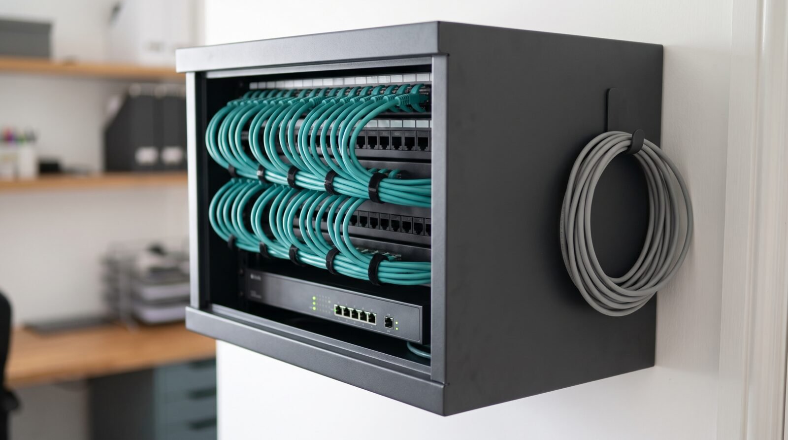 Representative visual of a wall mounted data cabinet with combed patch cords
