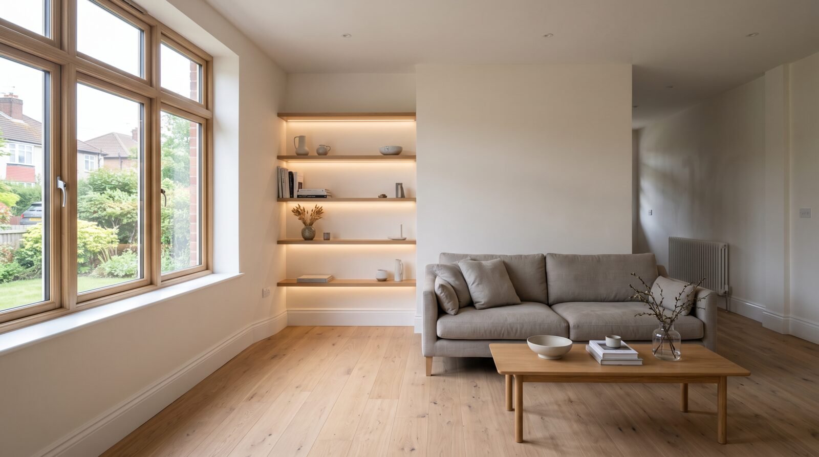 Representative visual of a refurbished open plan living space with concealed lighting