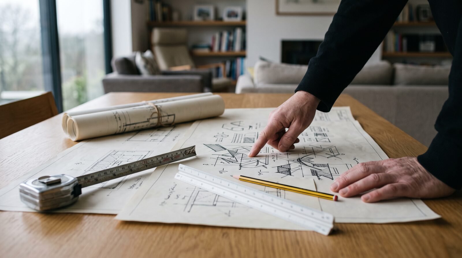 Representative visual of technical drawings and measuring tools laid out on a table